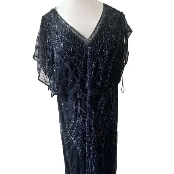 Cristina Wu Navy Beaded V-Neck Gown Size 20W Elegant Formal Dress Sheer Sleeves - Picture 5 of 13